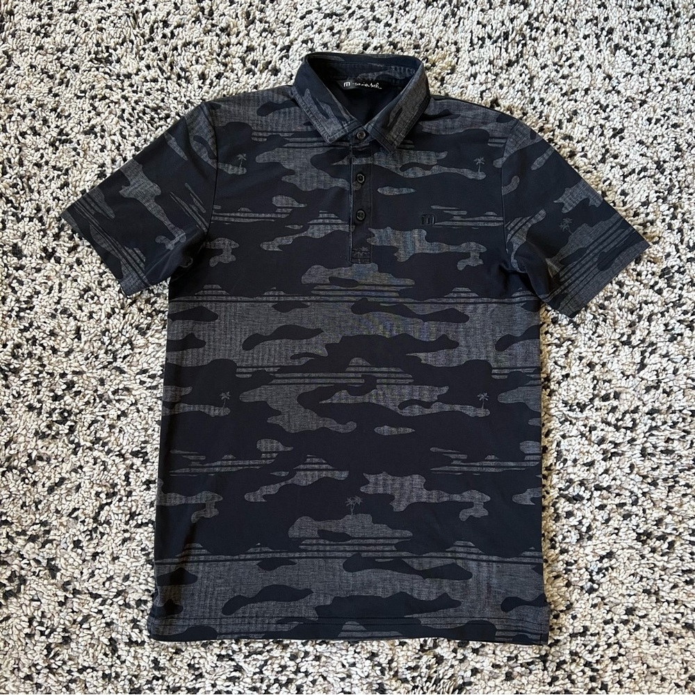 Travis Mathew Golf Polo Shirt Black Grey Camo Pima Cotton Blend Men’s Small